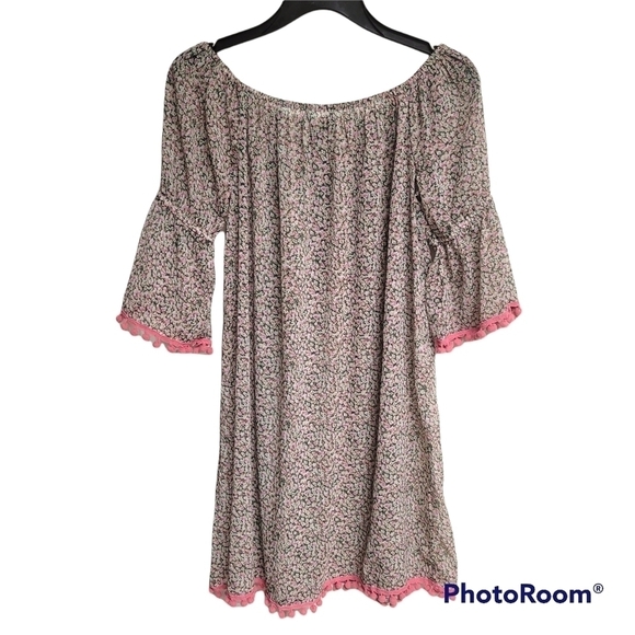 America & Beyond Sheer Floral Off Shoulder Boho Beach Cover Up Mini Dress Small - Picture 3 of 7